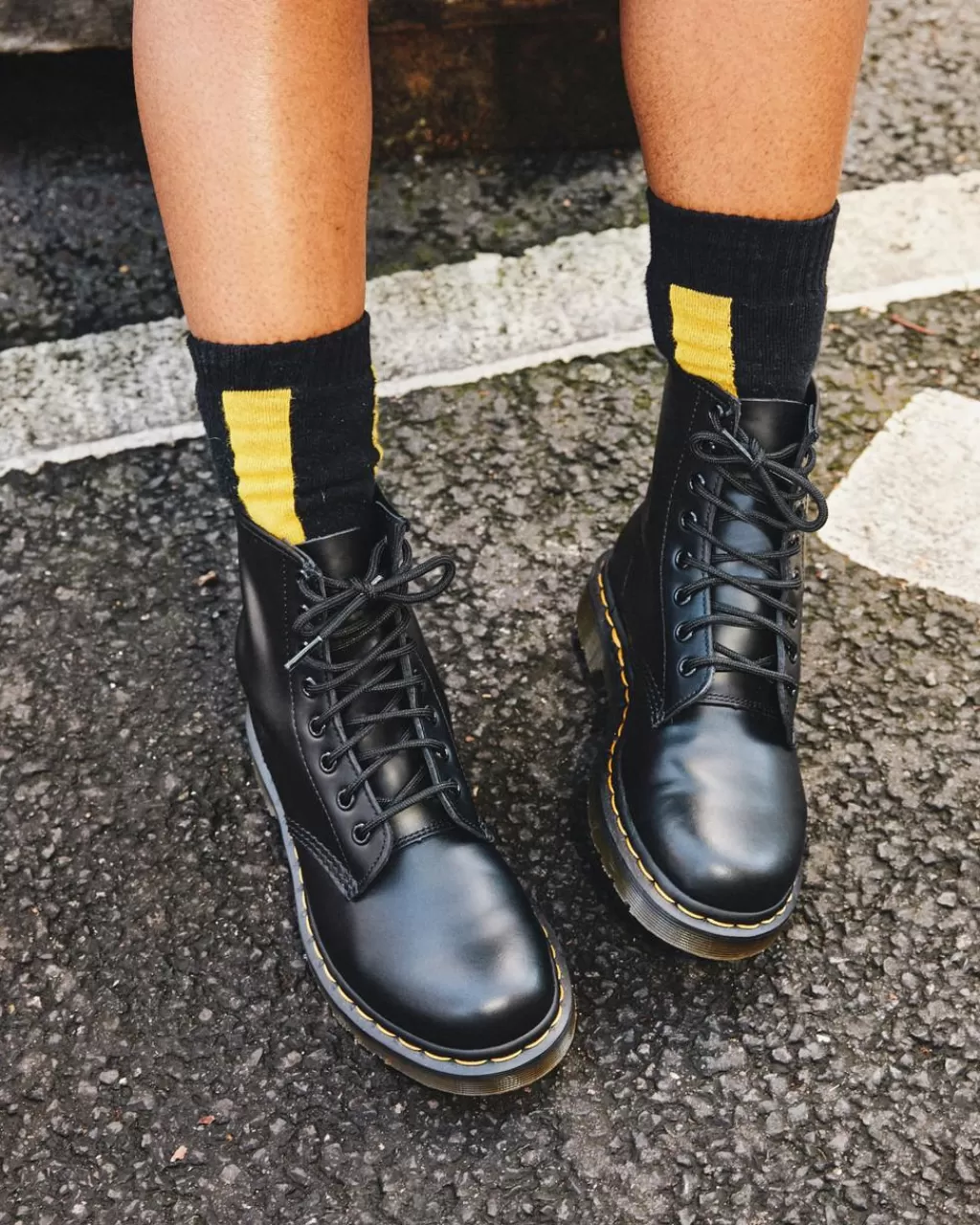 Best Dr Martens Double Doc-Sokker I Bomuldsblanding Black+Yellow Cotton Blendac742018